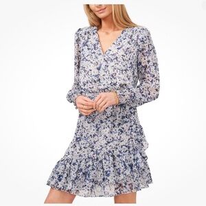 Vince Camuto Floral Print Smocked Dress- Steel Blue
